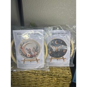 Embroidery DIY Art Kit Moon Butterfly Floral Crescent Moon Celestial Theme
